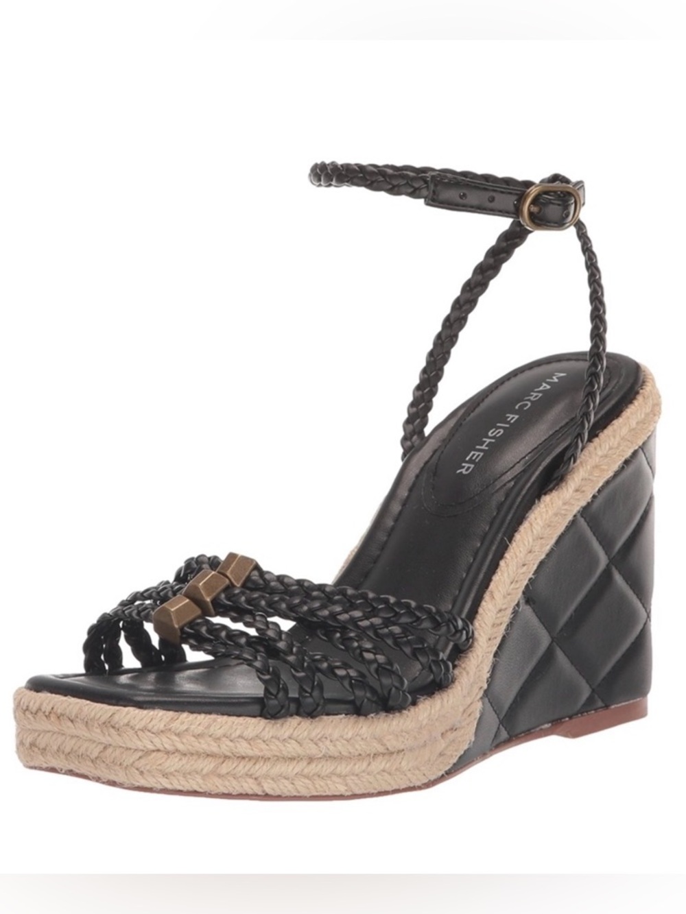 Marc Fisher Black Tan Hayla Wedge Heels Sandals 8 Leather